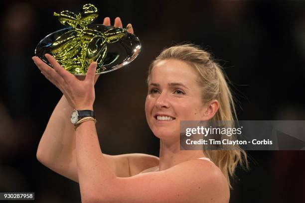 Elina Svitolina of the Ukraine with the trophy after winning the Tie Break Tens Tennis Tournament at Madison Square Garden on March 5, 2018 New York...