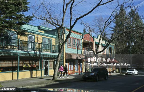 businesses on mavis avenue, fort langley, canada, in winter - langley british columbia stock pictures, royalty-free photos & images