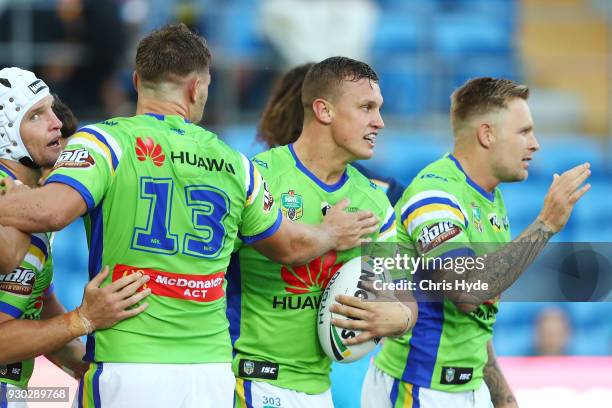 Jack Wighton of the Raiders celebrates a try during the round one NRL match between the Gold Coast Titans and the Canberra Raiders at Cbus Super...