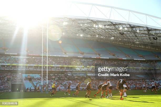 General view is seen during the round one NRL match between the Wests Tigers and the Sydney Roosters at ANZ Stadium on March 10, 2018 in Sydney,...