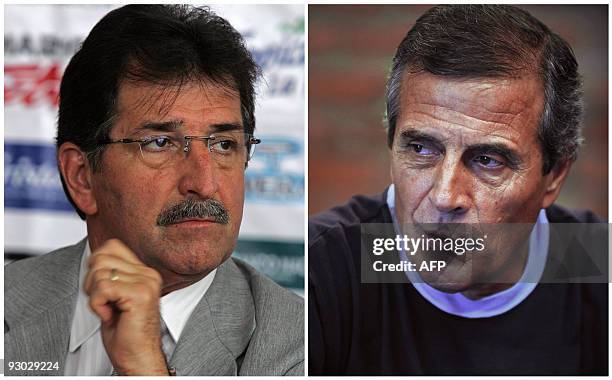 Photo composition showing Costa Rican football team coach, Brazilian Rene Simoes on October 2, 2009 during a press conference in San Jose and...