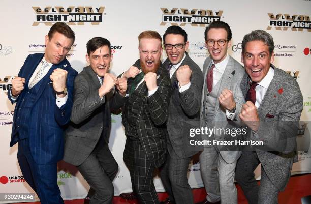 Ben Matthews, guest, Pete Morris, Ben Mallinder, Adam Amer, and Jonty Fisher of The London Essentials attend Celebrity Fight Night XXIV on March 10,...