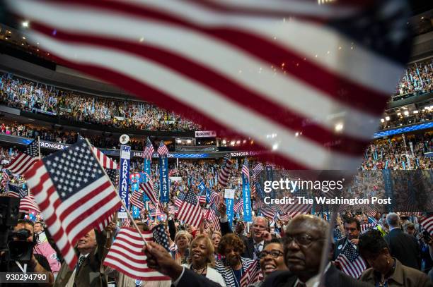 Crowds cheer as Hillary Clinton delivers her keynote address at the Democratic National Convention in Philadelphia on July 28, 2016.