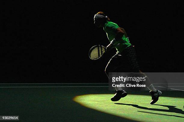 Rafael Nadal of Spain prepares for the start of his match against Jo-Wilfried Tsonga of France during the ATP Masters Series at the Palais Omnisports...