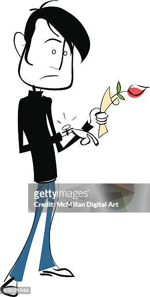 man holding rose, looking at watch - impatience flowers stock illustrations