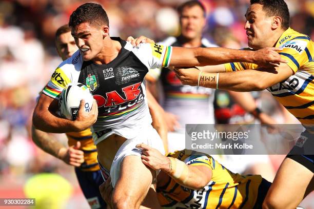 Nathan Cleary of the Panthers is tackled during the round one NRL match between the Penrith Panthers and the Parramatta Eels at Panthers Stadium on...