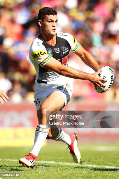 Nathan Cleary of the Panthers runs the ball during the round one NRL match between the Penrith Panthers and the Parramatta Eels at Panthers Stadium...