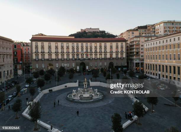 View of the Municipio square in Naples town, Campania region, southern Italy.