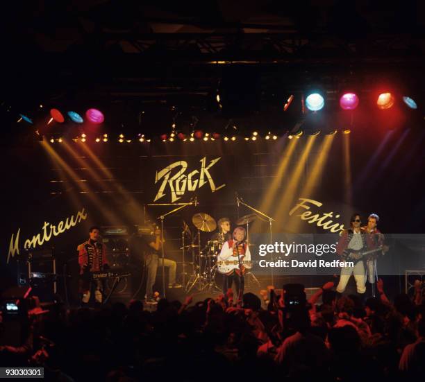 Mike Lindup, Phil Gould , Mark King and Rowland Gould of Level 42 perform on stage at the Montreux Rock Festival held in Montreux, Switzerland in May...