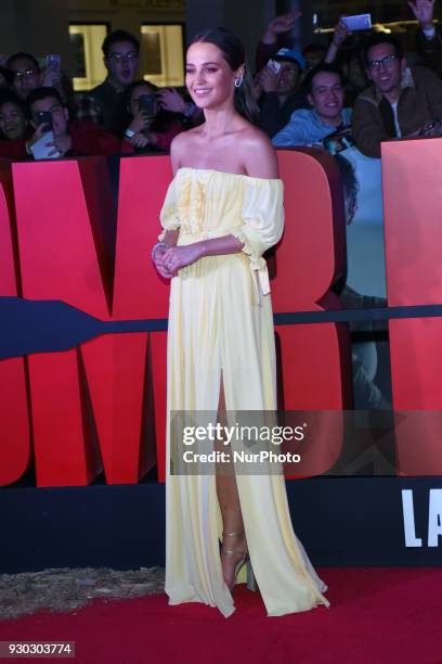 Actress Alicia Vikander is seen poses during the red carpet of the 'Tomb Raider' film premiere at Oasis Coyoacan on March 10, 2018 in Mexico City,...