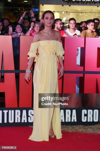 Actress Alicia Vikander is seen poses during the red carpet of the 'Tomb Raider' film premiere at Oasis Coyoacan on March 10, 2018 in Mexico City,...