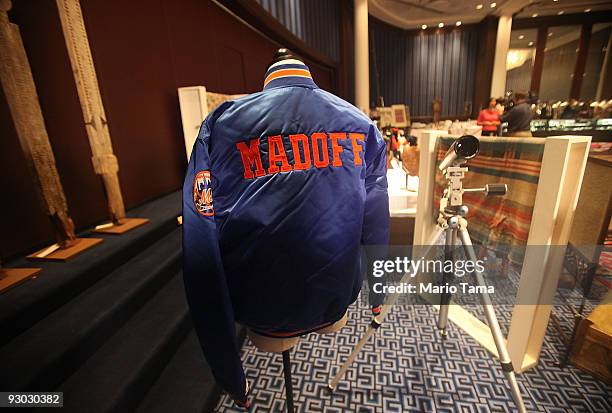 Bernard Madoff New York Mets baseball jacket is displayed during a press preview of a U.S. Marshals Service auction of personal property seized from...