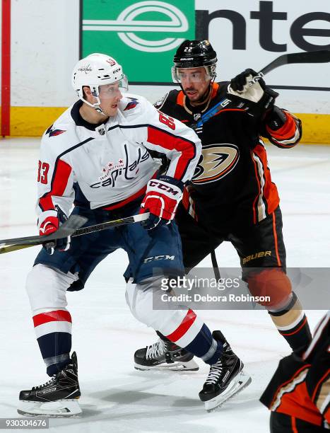 Jay Beagle of the Washington Capitals battles for position against Chris Kelly of the Anaheim Ducks during the game on March 6, 2018 at Honda Center...