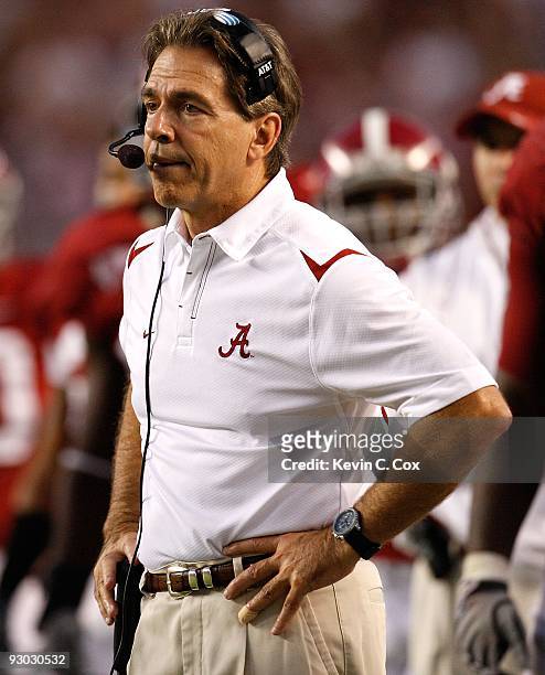 Head coach Nick Saban of the Alabama Crimson Tide against the Louisiana State University Tigers at Bryant-Denny Stadium on November 7, 2009 in...
