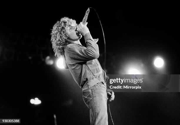 The Who rock group in concert at The Valley, home ground of Charlton Athletic Football Club. Singer Roger Daltrey, 31st May 1976.