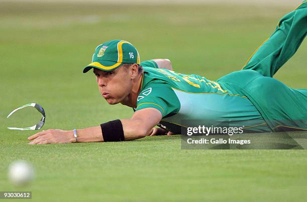 Johan Botha of South Africa misses a catch in the slips during the 1st Standard Bank International Pro20 match between South Africa and England at...