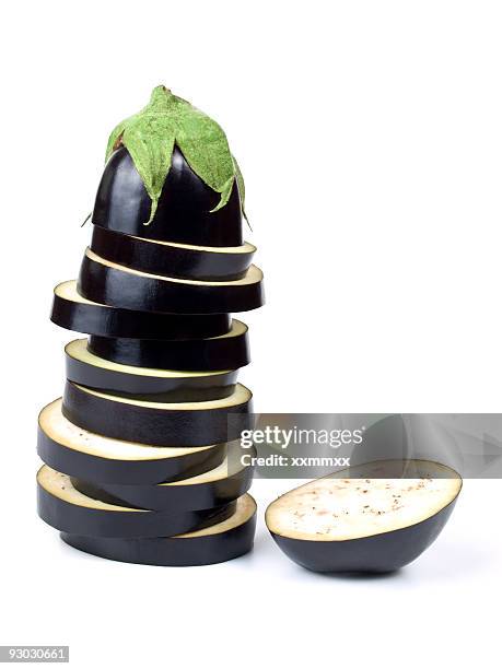 eggplant tower w clipping path - eggplant stock pictures, royalty-free photos & images