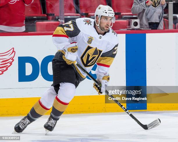 Brad Hunt of the Vegas Golden Knights skates in warm-ups prior to an NHL game against the Detroit Red Wings at Little Caesars Arena on March 8, 2018...