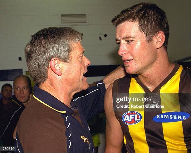 David Parkin ex Carlton coach congratulates John Barker for Hawthorn after Hawthorn won the match between the Carlton Blues and the Hawthorn Hawks,...