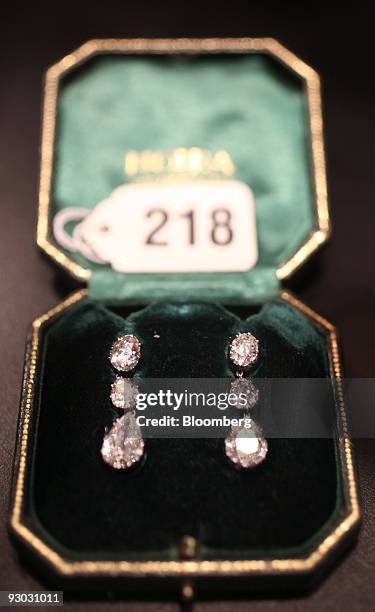 Diamond earring are displayed during a media preview for an auction which includes jewelry and other personal items belonging to Ruth and Bernard...