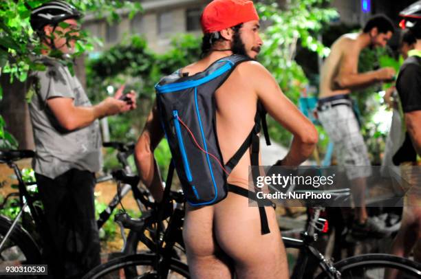 Explicit Content] People take part in Sao Paulo, Brazil, on 10 March 2018 at the 11th edition of the World Naked Bike Ride, the bicicletada pelada,...