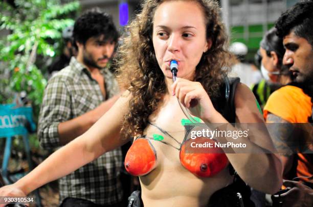 Explicit Content] People take part in Sao Paulo, Brazil, on 10 March 2018 at the 11th edition of the World Naked Bike Ride, the bicicletada pelada,...