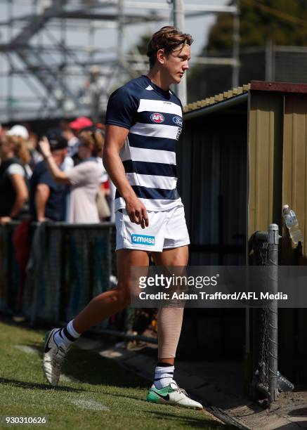 Rhys Stanley of the Cats is seen injured during the AFL 2018 JLT Community Series match between the Geelong Cats and the Essendon Bombers at Central...