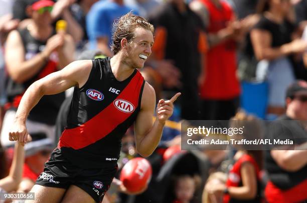 Darcy Parish of the Bombers celebrates a goal during the AFL 2018 JLT Community Series match between the Geelong Cats and the Essendon Bombers at...