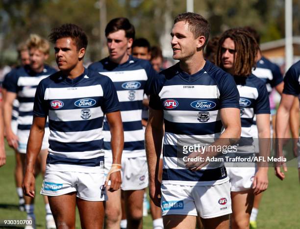 Joel Selwood of the Cats leaves the field during the AFL 2018 JLT Community Series match between the Geelong Cats and the Essendon Bombers at Central...