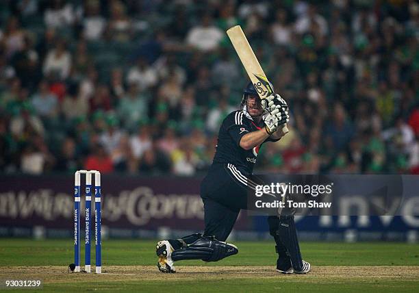 Eoin Morgan of England hits out during the Twenty20 International match between South Africa and England at the Wanderers on November 13, 2009 in...