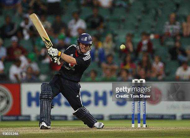 Eoin Morgan of England hits out during the Twenty20 International match between South Africa and England at the Wanderers on November 13, 2009 in...