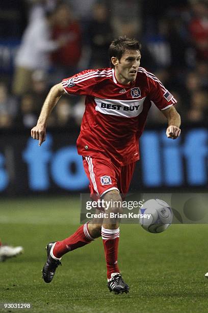 Brandon Pideaux of the Chicago Fire moves the ball up the field against the New England Revolution during the second half of game 2 of the Eastern...