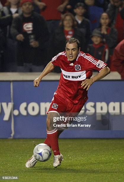 Cuauhtemoc Blanco of the Chicago Fire moves the ball against the New England Revolution during the second half of game 2 of the Eastern Conference...