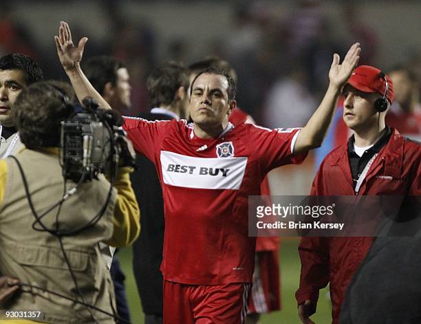 Cuauhtemoc Blanco of the Chicago Fire celebrates his teams win over the New England Revolution in game 2 of the Eastern Conference Semifinals at...