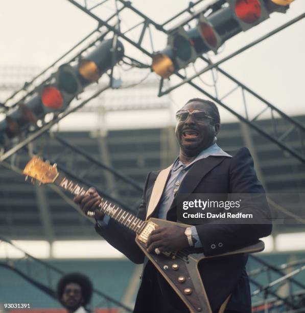 American singer and blues guitarist Albert King performs live on stage playing his Gibson Flying V guitar at the Newport Jazz Festival, held in New...