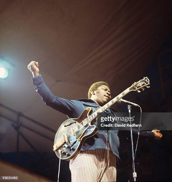 American singer, songwriter and guitarist B.B. King performs live on stage playing a Gibson ES-355 guitar at the Wollman Amphitheater in Central...
