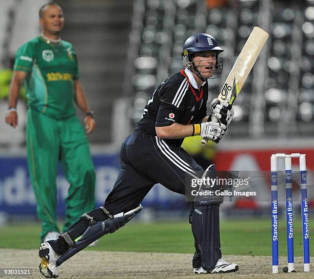 Eoin Morgan of England enjoys another six in his unbeaten innings of 85 runs during the 1st Standard Bank International Pro20 match between South...