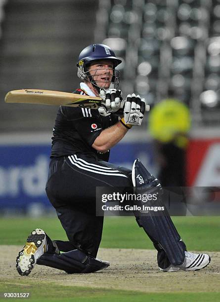 Eoin Morgan of England enjoys another six in his unbeaten innings of 85 runs during the 1st Standard Bank International Pro20 match between South...