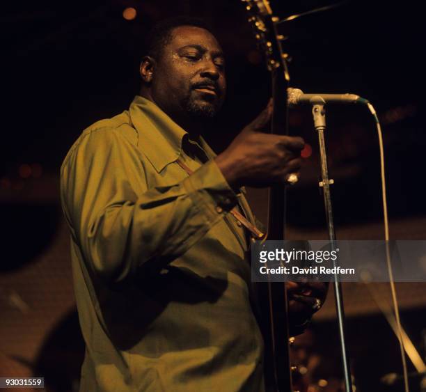 American singer and blues guitarist Albert King performs live on stage playing his Gibson Flying V guitar at the New Orleans Jazz and Heritage...