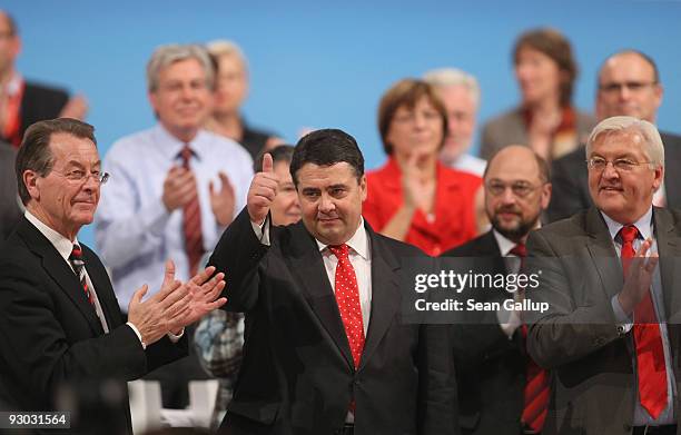 Sigmar Gabriel , new Chairman designate of the German Social Democratic Party , gives the thumbs up after speaking at the SPD party congress as...