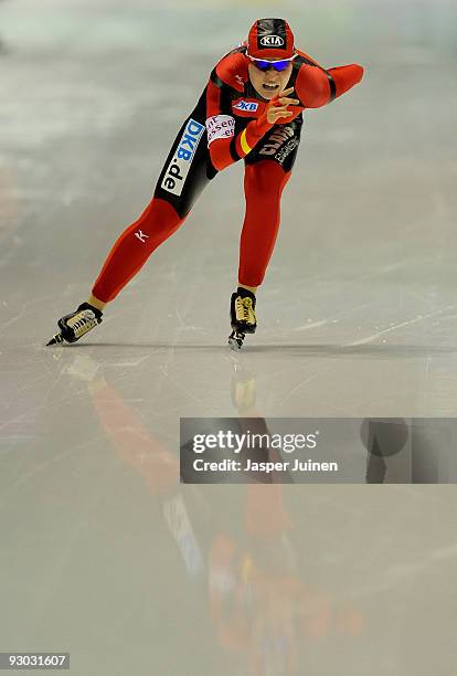 Stephanie Beckert of Germany on her way to clocking the fastest time in the 3000m race during the Essent ISU speed skating World Cup at the Thialf...