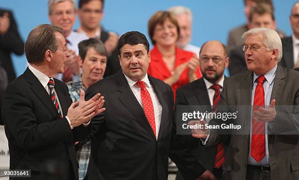 Sigmar Gabriel , new Chairman designate of the German Social Democratic Party , receives applause after speaking at the SPD party congress as...