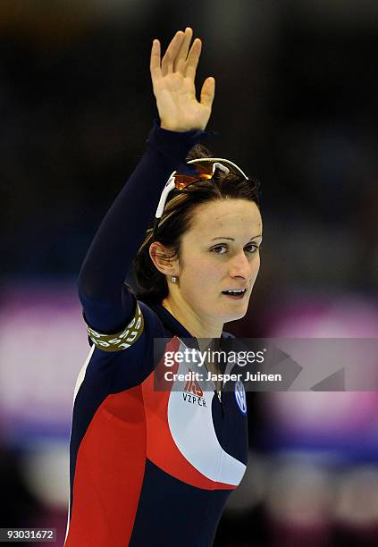 Martina Sablikova of the Czech Republic waves to the fans after clocking the second best time in the 3000m race during the Essent ISU speed skating...