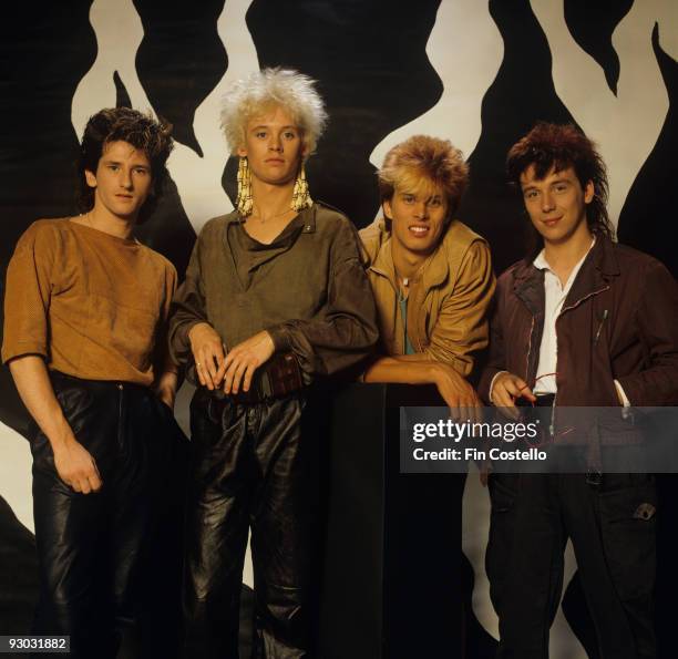 Posed group portrait of Kajagoogoo. Left to right are Stuart Croxford Neale, Nick Beggs, Jez Strode and Steve Askew in August 1983.