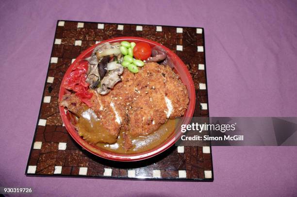 chicken katsu, also known as panko chicken, with tonkatsu sauce and vegetables - yōshoku stock pictures, royalty-free photos & images