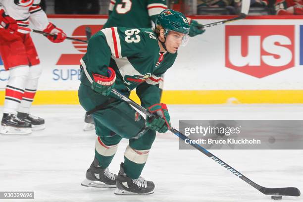 Tyler Ennis of the Minnesota Wild skates with the puck against the Carolina Hurricanes during the game at the Xcel Energy Center on March 6, 2018 in...