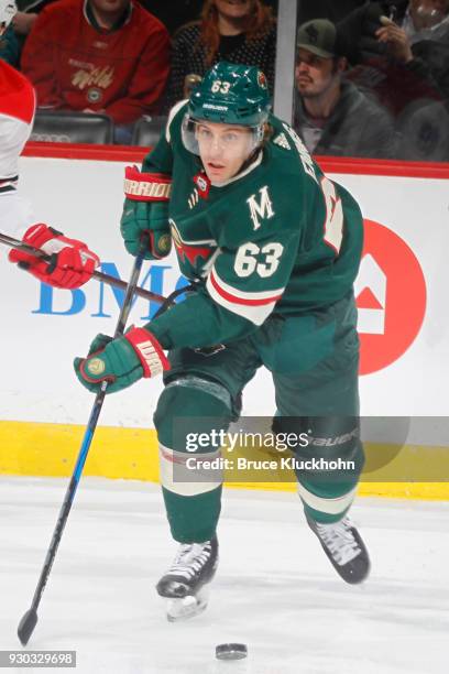 Tyler Ennis of the Minnesota Wild skates with the puck against the Carolina Hurricanes during the game at the Xcel Energy Center on March 6, 2018 in...