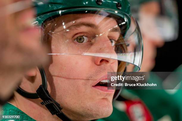 Tyler Ennis of the Minnesota Wild watches from the bench during the game against the Carolina Hurricanes at the Xcel Energy Center on March 6, 2018...