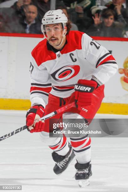 Justin Faulk of the Carolina Hurricanes skates against the Minnesota Wild during the game at the Xcel Energy Center on March 6, 2018 in St. Paul,...