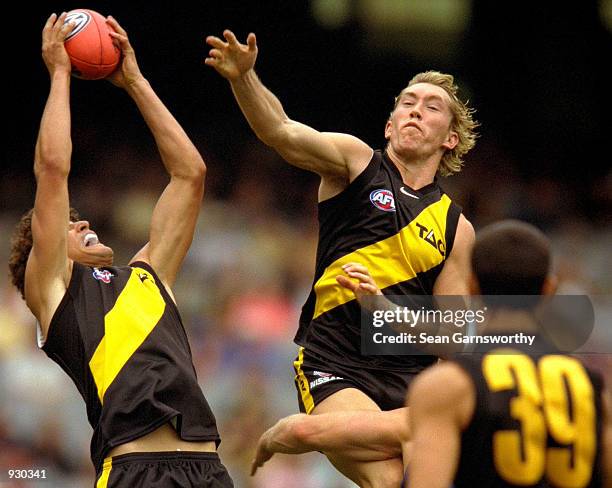 Darren Gaspar of Richmond marks in front of his team mate Rory Hilton of Richmond, during the match between the Richmond Tigers and the Western...